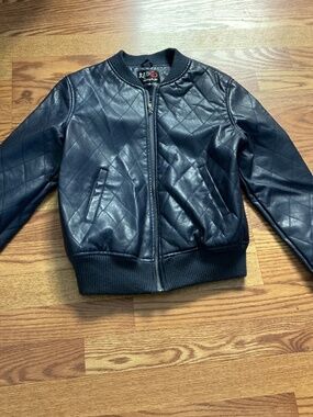Red Snap Navy Blue Quilted Faux Leather Full Zip Bomber Jacket  Size M